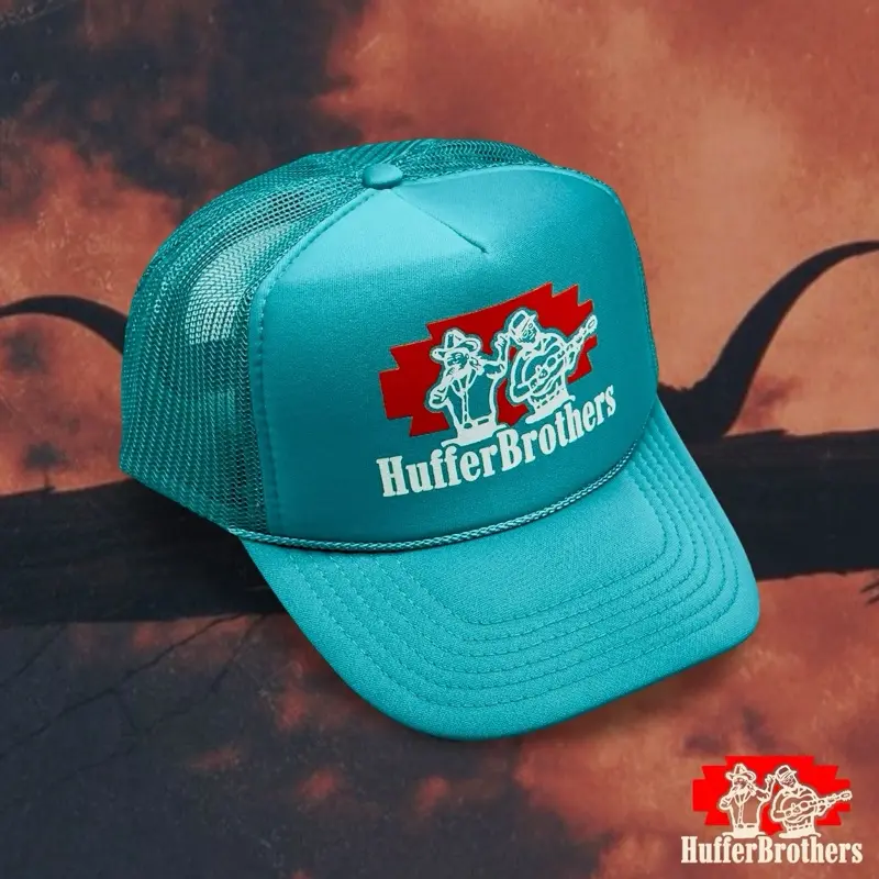 Teal Huffer Brothers Adjustable Trucker Hat with Graphic Design and Mesh Back