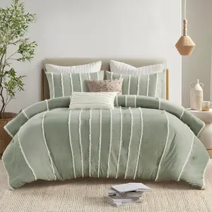 Comforter Set Boho Comforters Stripes, Clipped Jacquard,  Comforter for  Size Bed,  Season Poly Fill Lightweight  Bedding & Shams, Shay, Full/, Sage 3 count