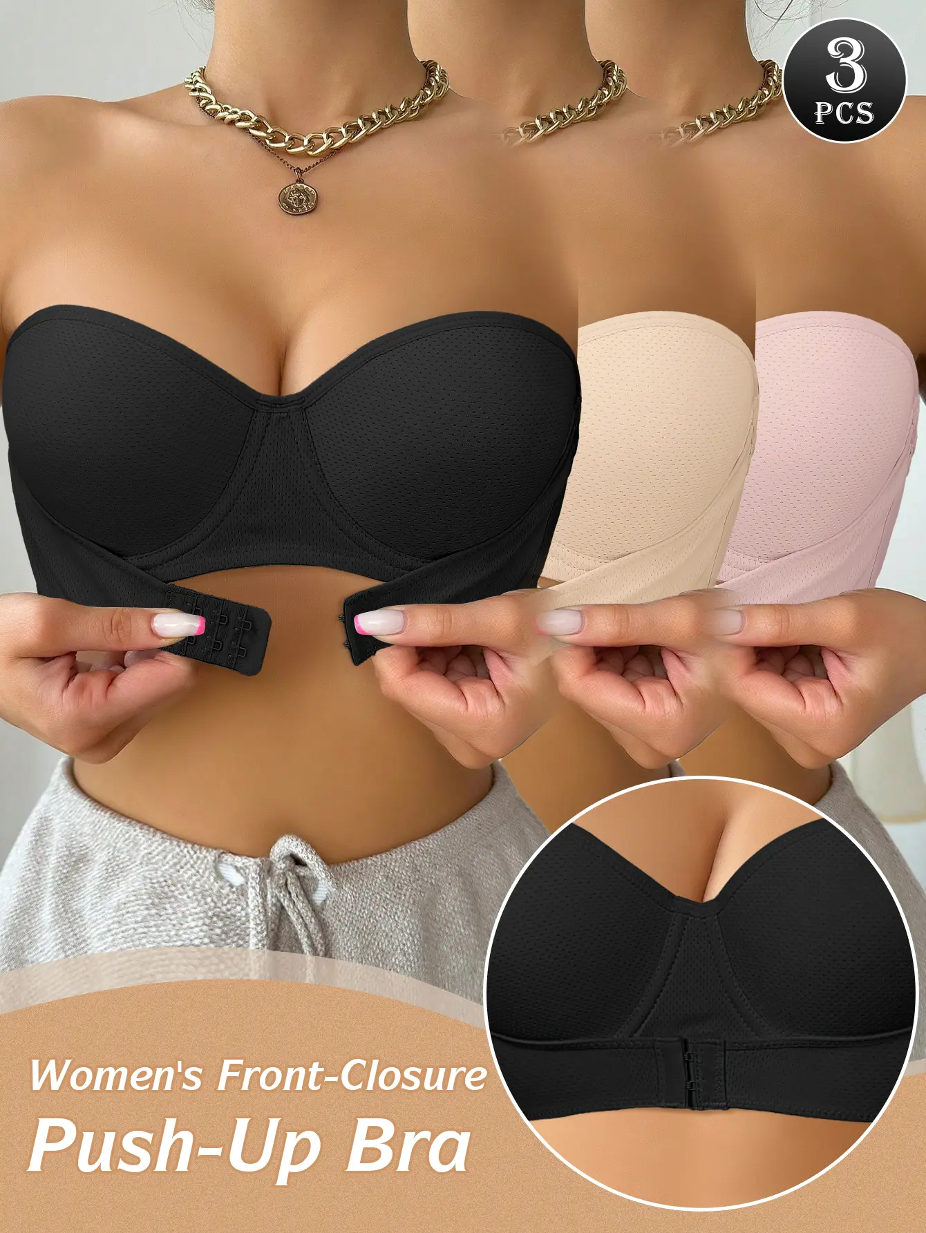 Ecomilky Push-Up Bra for Women, 3-Pack Minimalist Front-Closure Design, Breathable Fabric with Convertible Strapless Option, Black + Beige + Pink, Breathable Comfy Bra, Family, Lady, Basic, Front Pushup Bra, Elastane