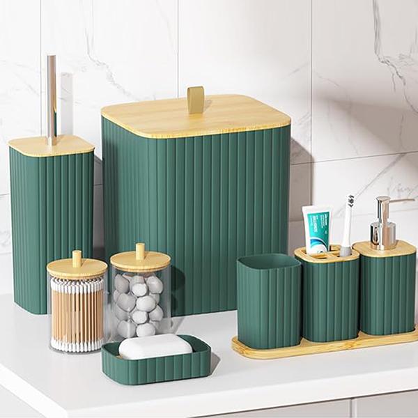 Black Bathroom Set with Shower Curtain, Trash Can, Toilet Brush Holder, Soap Dispenser, and More, Modern Bathroom Accessories