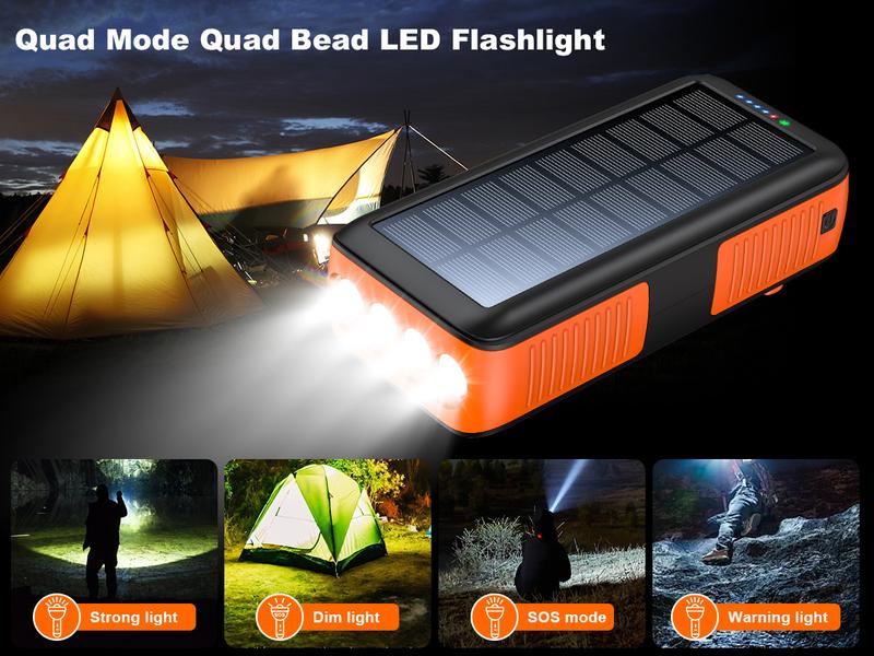 Solar Charger Power Bank 63200mAh Portable Dual Outputs Dual Inputs 4 LEDs Flashlight Hand Crank Solar Charging Fast Charging Battery Pack for Outdoor Camping Emergency Gear