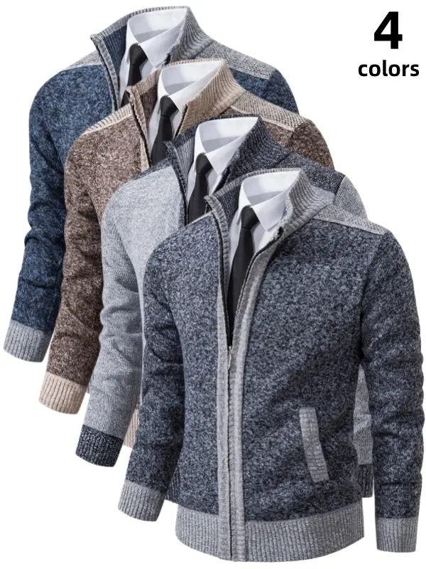 Men's Long Sleeve Hooded Zip-Up Cardigan Sweater Jacket - Fleece-Lined, Thick Striped Color-Block Knit, Warm Windproof Soft Stretchy Regular Fit Menswear Top for Casual Daily Fall Winter Outerwear