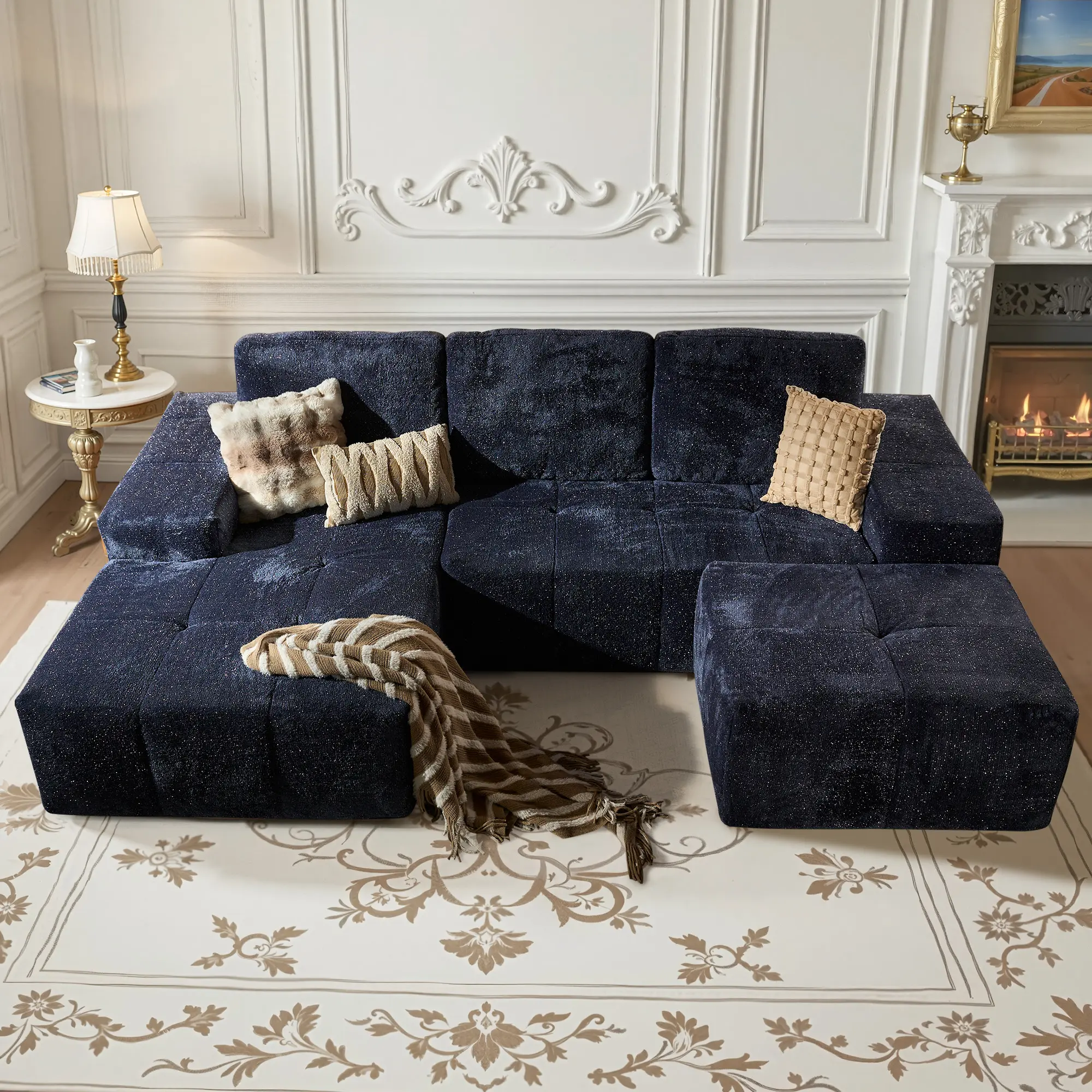 Silver Velvet Fabric Blue Left Chaise & Ottoman