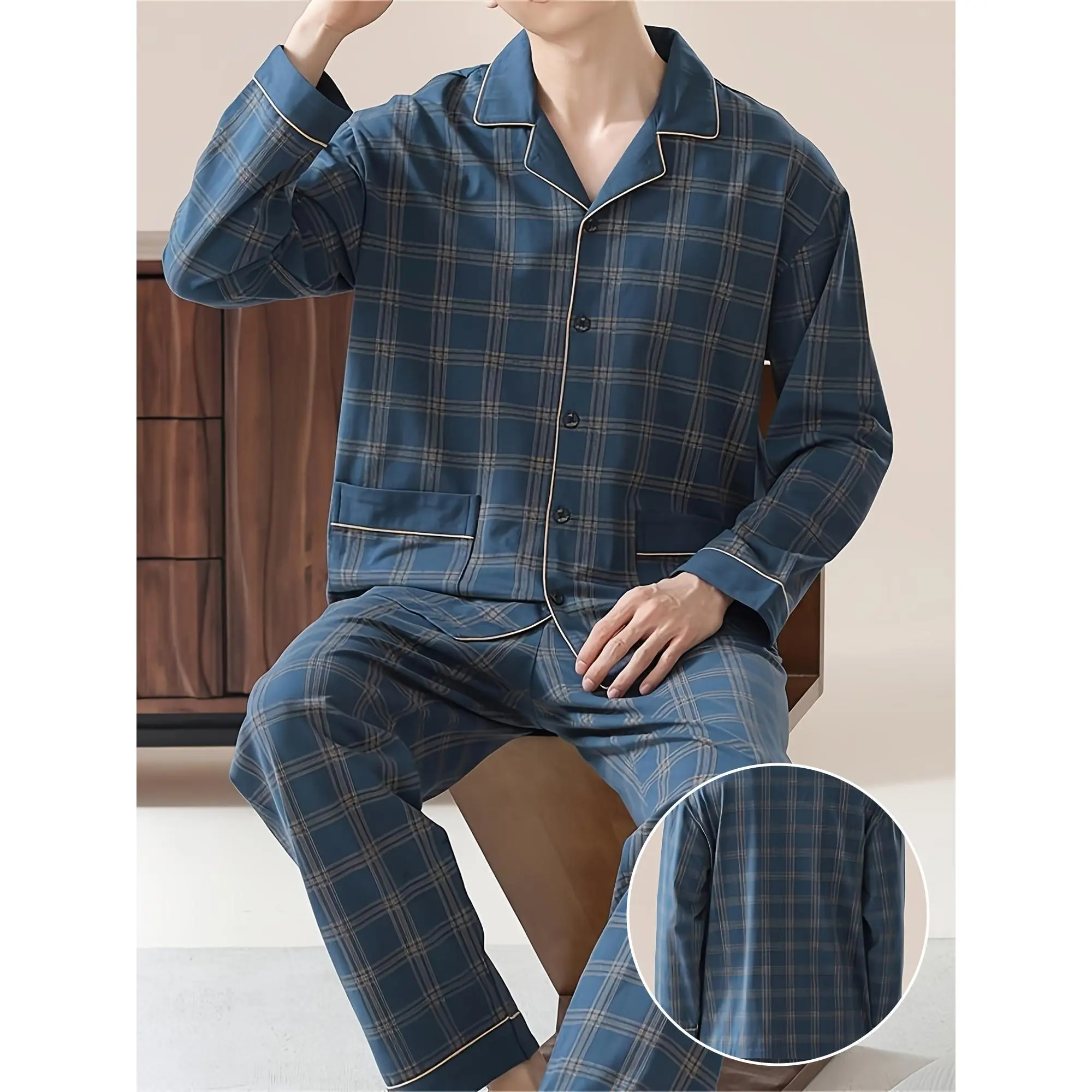 Men's 2-Piece Casual Striped Polyester Pajama Set - Long-Sleeve Knit Top & Pants, Lapel Collar, Pocket Detail, Regular Fit, Elastane Stretch, All-Season Sleepwear & Loungewear, Machine Washable, Machine Wash
