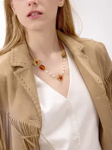 Ladies Necklace Pearl Tiger s Eye Red Agate Five Petal Flower Stainless Steel 18k Gold Plated Waterproof And Anti Allergy Personalized Designer s Retro Banquet Jewelry