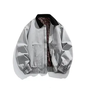 Men's Vintage Pure Cotton Jacket Collared Outerwear Leopard Print Detroit Denim Jacket Spring and Autumn Leather Bomber Jacket