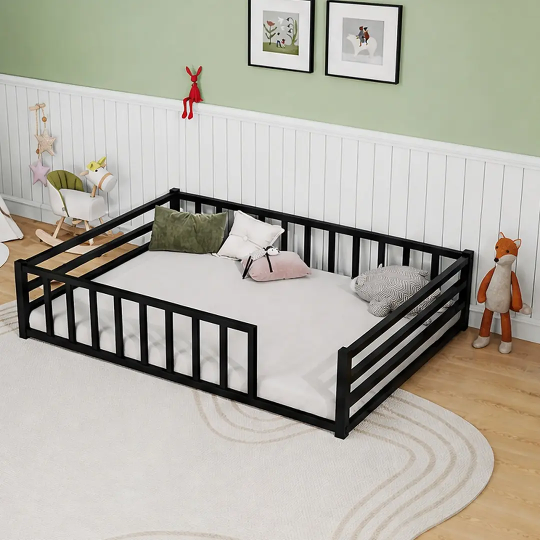 ARCH Toddler Floor Bed with Rails and Door, Twin/Full Size Montessori Bed for Kids 2-5, Low Profile Metal Platform Frame, Heavy Duty Guardrails, No Box Spring Needed, Black/White Options, Bedroom, Full/Twin Size Options, Black/White Color Options