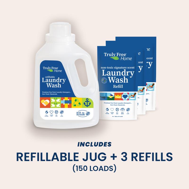 Truly Free Non-Toxic Laundry Detergent - Lavender & Eucalyptus - Sensitive Skin & Baby Safe - Eco Kit: Empty Jug + 3 Concentrate Pouches (Just Add Water) - 150 Loads