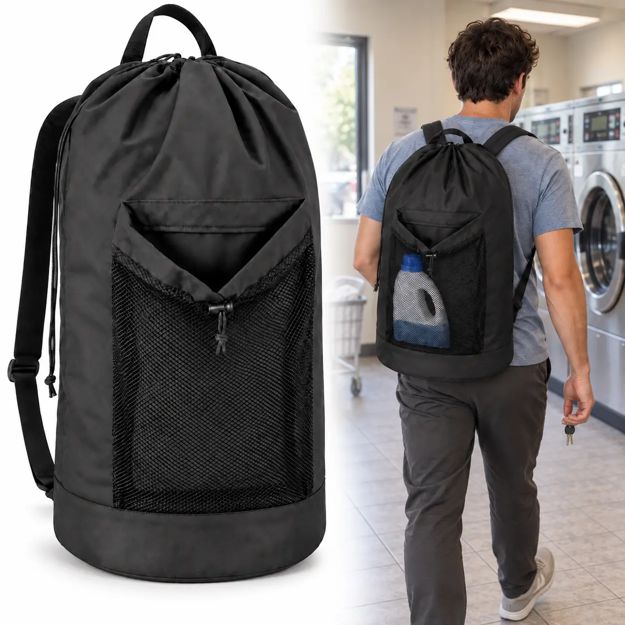 62L Laundry Bag Backpack with Adjustable Shoulder Straps, Drawstring Closure and Front Mesh Pocket for College Dorms and Laundromats