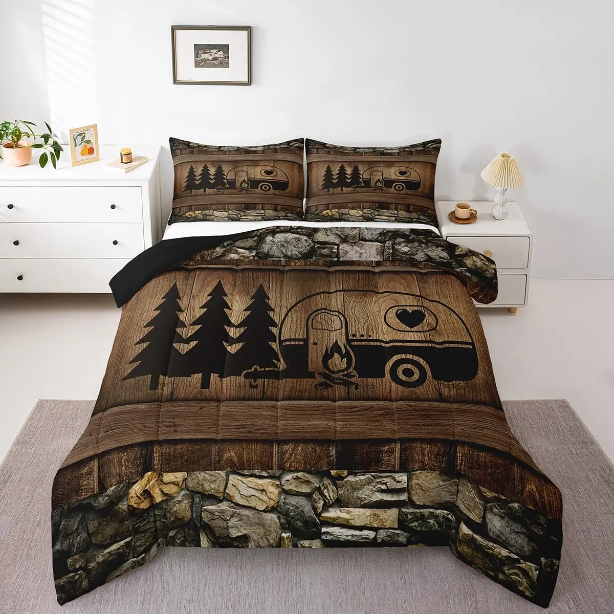Feelyou Rustic Happy Camping Themed Bedspread Set - Breathable, Comfy All-Seasons Linens for Travel Trailer Camper Bedroom Accessories