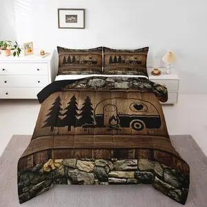 Happy Camping Decor Comforter Set,Rustic Camper Bedding Set,Camper Accessories for Travel Trailers Themed Quilt
