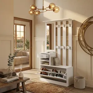 All-in-One Entryway Organization Cabinet | Space Saver Storage for Small Apartment with Mirror & Hooks | Modern Matte White Hallway Furniture for Mudroom