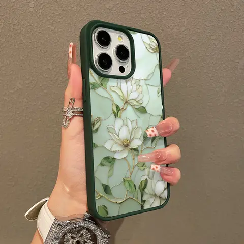 Magnetic Silicone TPU Cover for iPhone 11, XS, XR, 12-17 (E Pro Max, Plus) - Girly Magnolia Gold Line Print, Shockproof, Scratch-Resistant, Aesthetic Phone Accessories