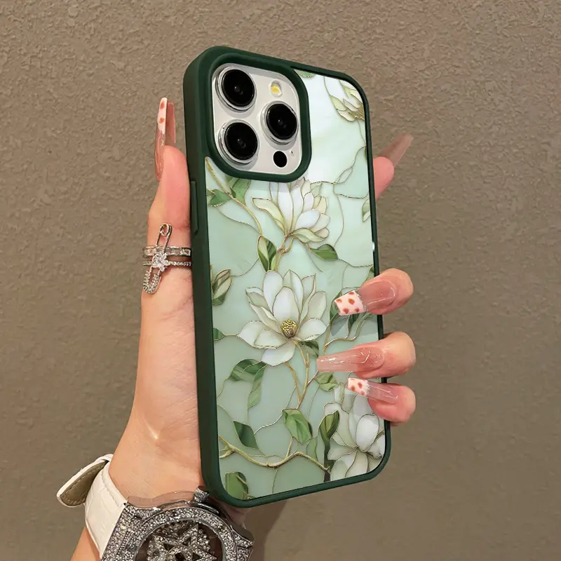 Magnetic Silicone TPU Cover for iPhone 11, XS, XR, 12-17 (E Pro Max, Plus) - Girly Magnolia Gold Line Print, Shockproof, Scratch-Resistant, Aesthetic Phone Accessories