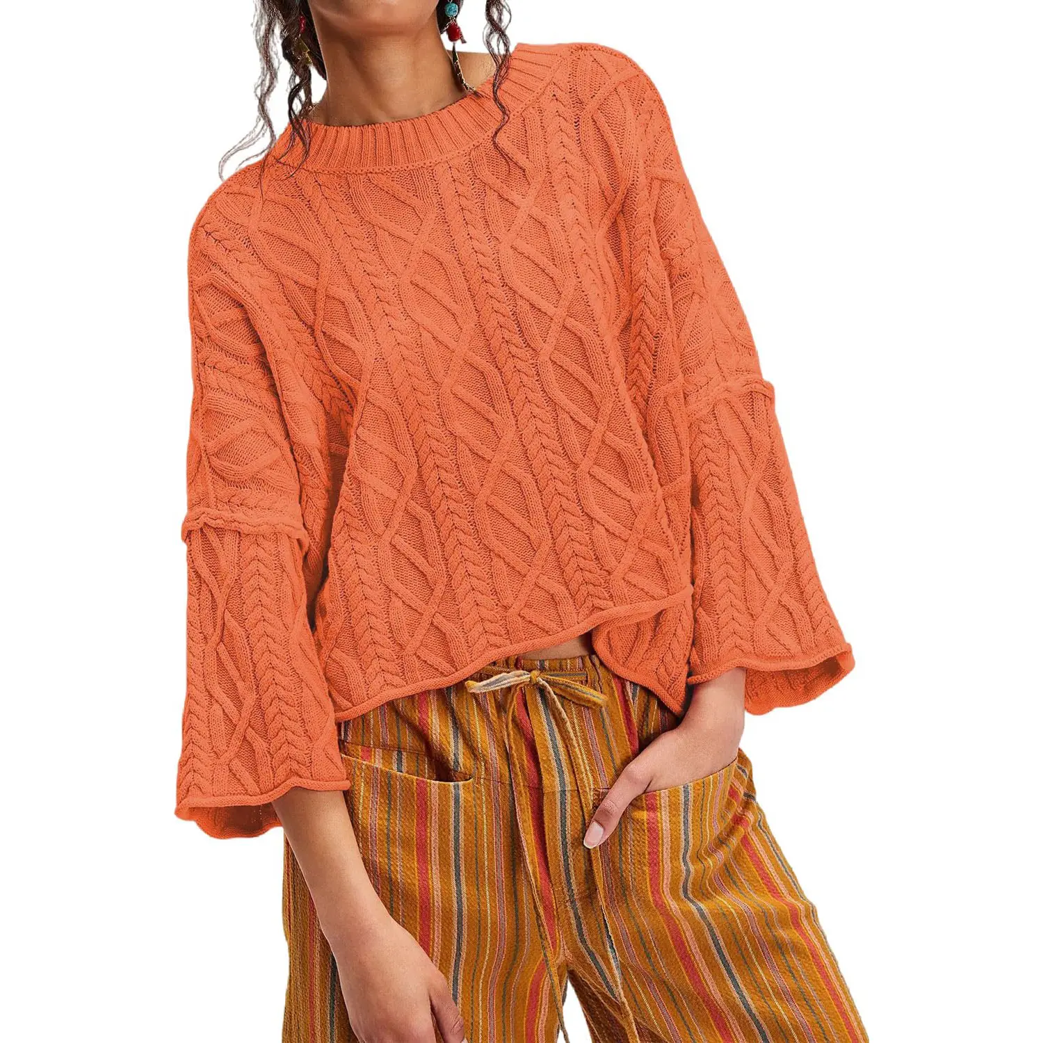 Chouyatou Women's Basic Autumn Cropped Knitwear, Oversized Round Neck Long-Sleeve Casual Loose Pullover Top, Longsleeves