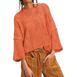 Chouyatou Women's Autumn Cropped Knit Sweater Oversized Round Neck Long Sleeve Pullover Sweater Casual Loose Top