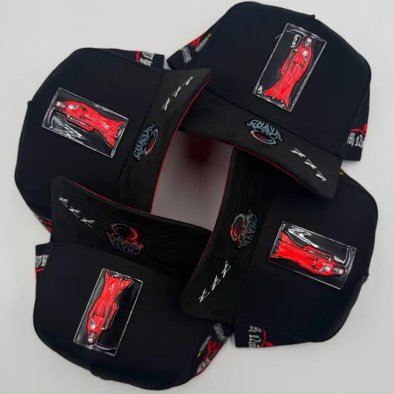 Gorra Santa Muerte Chava Hats - Black with Red Graphic Design and Embroidered Details