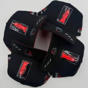 Gorra Santa Muerte Chava Hats - Black with Red Graphic Design and Embroidered Details