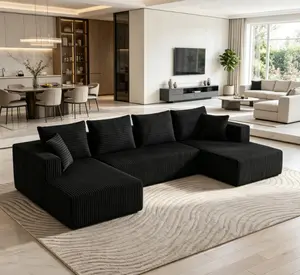 U-Shaped Modular Corduroy Sectional Sofa, 132.1 in Oversized Deep Seat Cloud Couch with Double Chaise for Living Room, Apartment (Black)