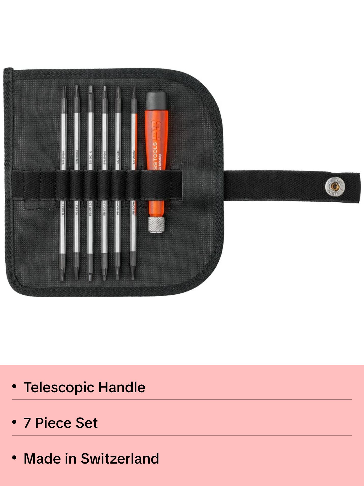 PB Swiss PB 513 Screwdrivers, Set with Telescopic Handle and Duplex Interchangeable Blades in a Compact Roll-Up Case