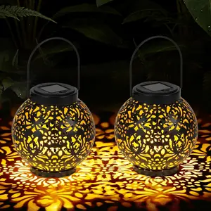 2 Pack Solar Lanterns Outdoor   Lantern Decorative Outside Lights for Pathway, Patio, Backyard, Porch, Lawn (Black)