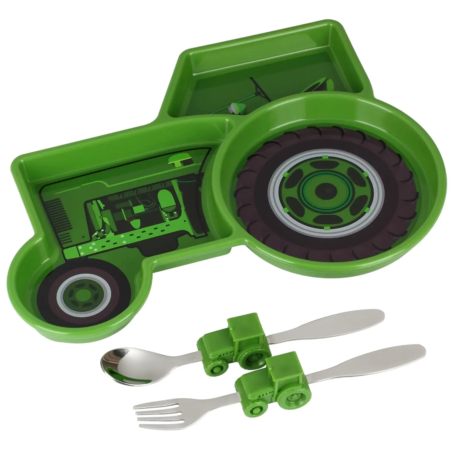 Kids Tractor Plate Set, Unbreakable Plastic Divided Dinnerware with Spoon and Fork for Fun Toddler Mealtimes