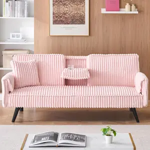 72" Corduroy Futon Sofa Bed with Pillows, Modern Convertible Futon Couch with 2 Cup Holders& Metal Legs for Small Spaces Living Room, Solid Wood Frame (Pink)