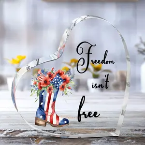 Acrylic Heart-Shaped Medal, Patriotic Design, American Flag Boots & Floral Pattern, 3D Wall Decor, Ideal for Veterans Day