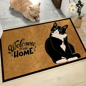 Welcome To Our Home Tuxedo Cat Doormat Cute Black White Cat Decorative Entryway Rug Non Slip Washable Floor Mat for Cat Lovers Home Decor