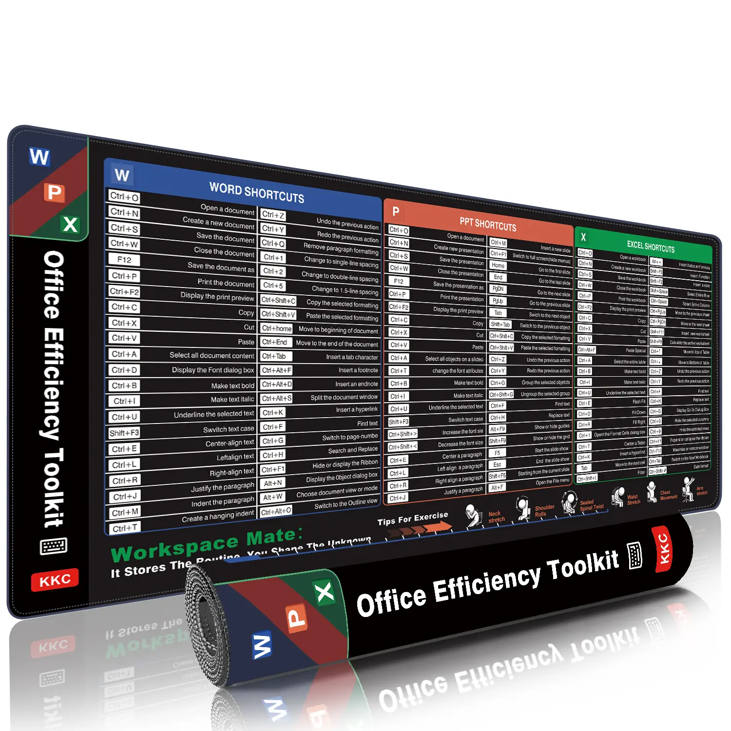 【Efficient Work】Excel Shortcut Mouse Pad | Large XXL Desk Mat with Cheat Sheet for Office & Gaming | Non-Slip Stitched Edge | Perfect for PC & Spreads