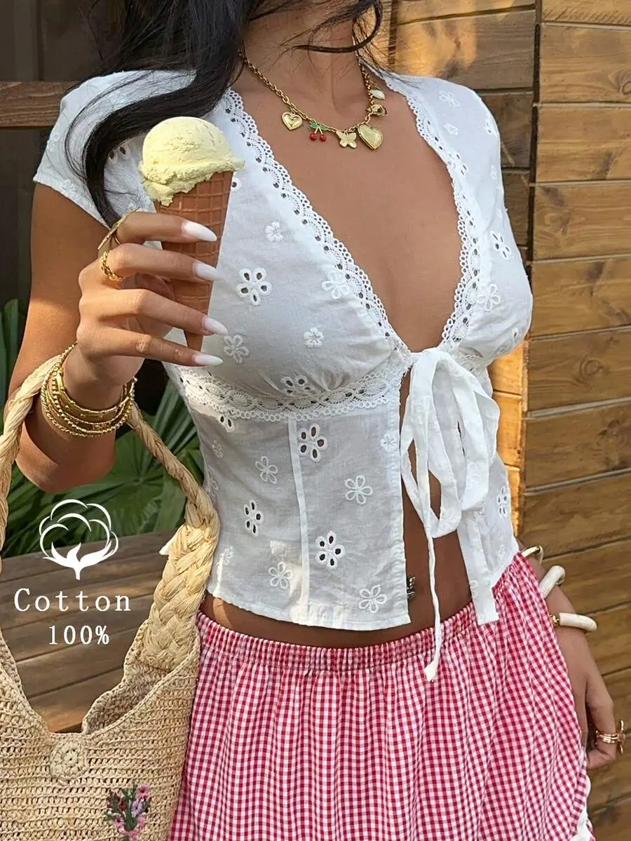 Lace Trim V-Neck Tie Design Casual Blouse For Women, Elegant French Style, Versatile For Summer