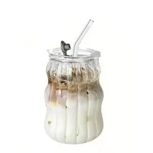 Thickened Wide Mouth Glass Cup with Straw & Lid, Drinkware, 1/2 Counts 18oz Beverage Water Tea Iced Coffee Latte Glasses, Food Grade BPA Free Lead Free Leak Proof Drinking Cup for Home Kitchen Dining Room Office, Dishwasher Safe Durable GlassCup