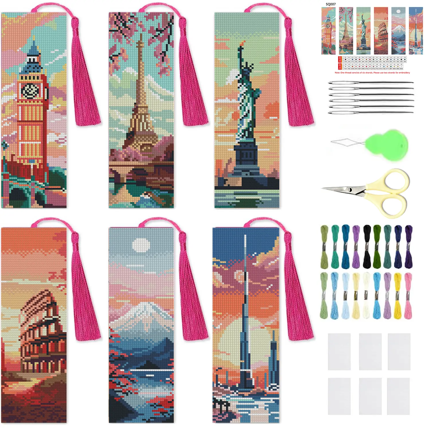 6 Pcs Cityscape Cross Stitch Bookmark Kit for Adult Beginners,Famous Buildings Cross Stitch Kits 14 CT DIY Crossstitch Kits Adult Stamped Bookmark Embroidery Bookmarks Kit