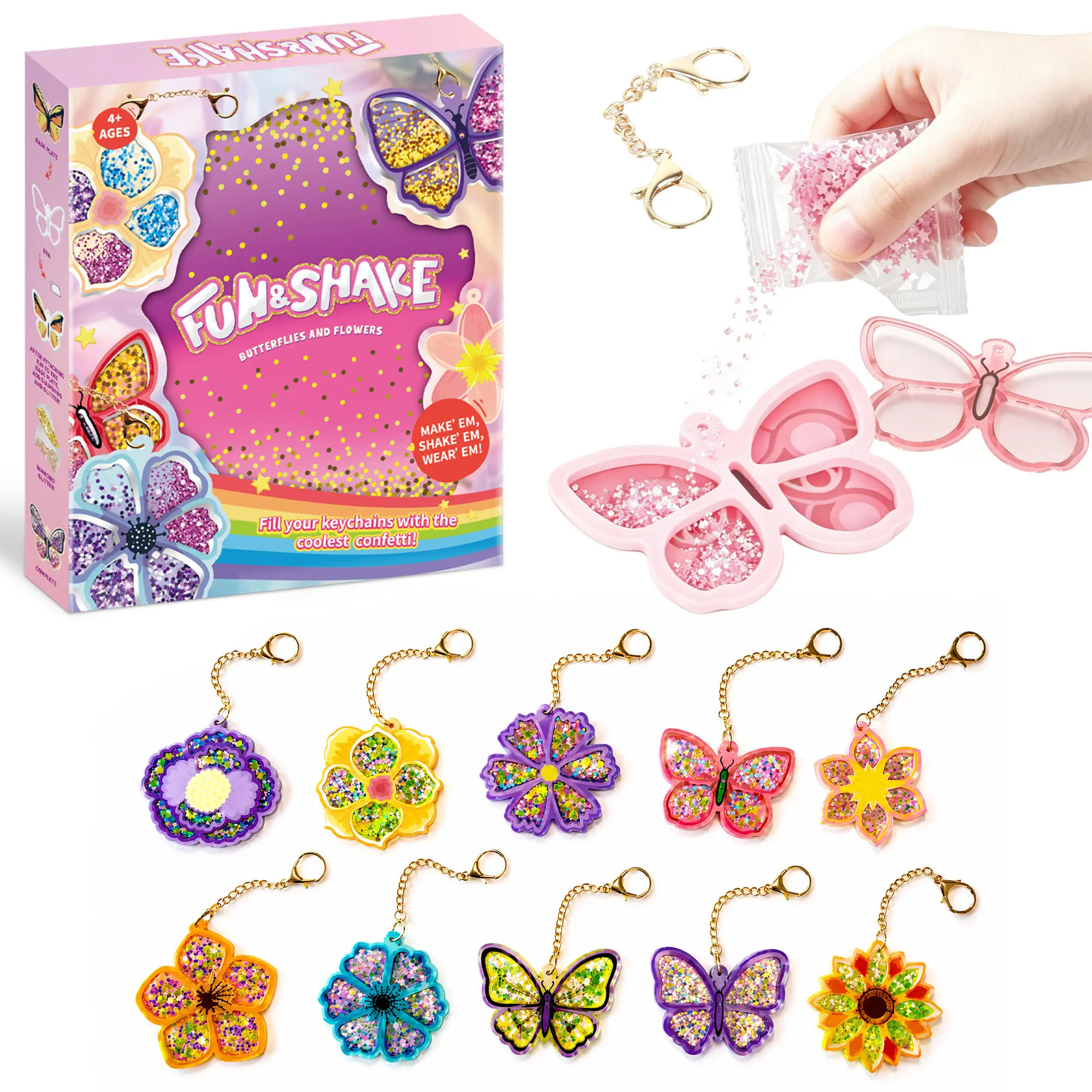 Kids' DIY Flower&Butterfly Shaker Keychain Diamond Painting Kit - 10-Piece Set with Shaker Plate, EVA Foam, Sparkling Glitter, Colorful Confetti, Hands-On Craft Toy for Ages 4+