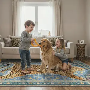 【Summervibes】GENIMO Leopard Rug, Machine Washable Soft Cheetah Animal Print Runner Rug Non Slip Boho Low Pile Non-Shedding Hallway Print Woodland Jungle Carpet for Kitchen Entryway Nursery Bedroom,Blue