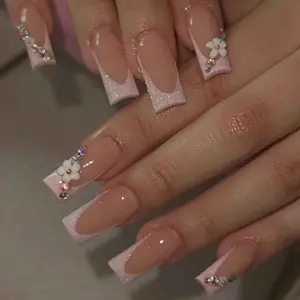 3D Flower Fake Nails Square Pink French Press on Nails Long Bling Glossy Rhinestone False Nail Tips Artificial Nails Finger Manicure for Women and Girls 24pcs