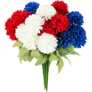 Artificial Marigold Flowers, 6 Pack Patriotic Flowers Bouquet with 36 Silk Flower Heads for 4th of July Memorial Day Table Centerpiece Vase Decor - Red, White, Blue