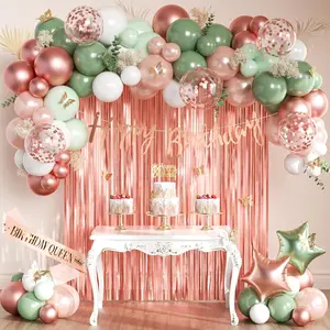 Sage Green and Rose Gold Birthday Party Decorations with Happy Birthday Banner, Green White Rose Gold Foil Balloons, Sash, Fringe Curtain, Cake Topper, Butterfly for Women Girls Party Supplies