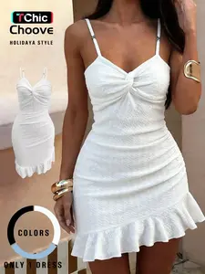 Women's Vacation Style Halter Sleeveless Short Dress, Side Gathered Design, Asymmetric Cut, Perfect for Summer, Casual Wear
