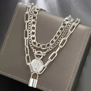 New Luxury Women's Necklace Embossed Round Pendant with Silver Triple-Layer Collar Chain Everyday Fashion Accessory chunky  chains
