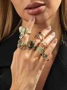 Boho Geometric Irregular Oval Elephant Turquoise Ring Set, Vintage Design, Daily Wear, Party Jewelry, Women's Metal Faux Gem Rings Gift