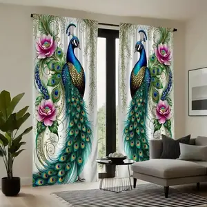 Elegant Peacock Rose Print Curtains Set, Modern Rod Pocket Window Drapes for Bedroom & Living Room, Easy Install for Cafe Office
