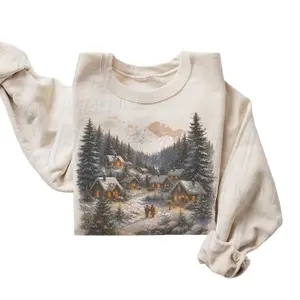 Retro Christmas Winter Village Sweatshirt/ T-Shirt , 90s Vintage Mountain Pine Trees Decorated Cabins Outfit, Boho Unisex Crewneck Sweatshirt, Gift women and men