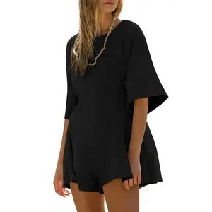 【US Shipping】Rompers for Women Summer Outfits Slim Fit Short Sleeve Crew Neck Jumpsuits with Pocket