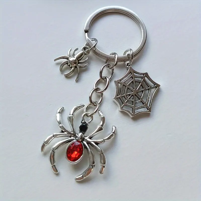 1 Piece Gothic Punk Style Alloy Spider Keychain with Red Gemstone, Halloween Themed Animal Charm, Round Women's Keychain with Ring Clasp, Suitable for Car and Backpack Decoration