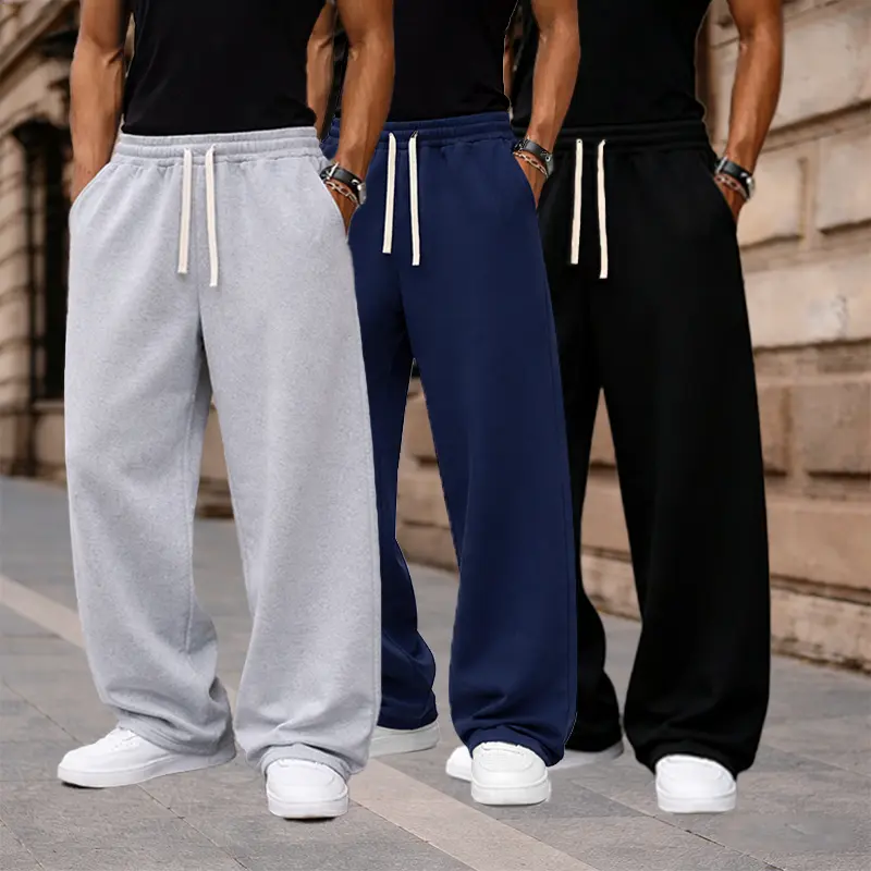 Men's Solid Polyester Sweatpants, Casual Loose Straight Leg Streetwear, Comfortable Everyday Active Loungewear, Polyester Clothing, Men's Sweatpants, No