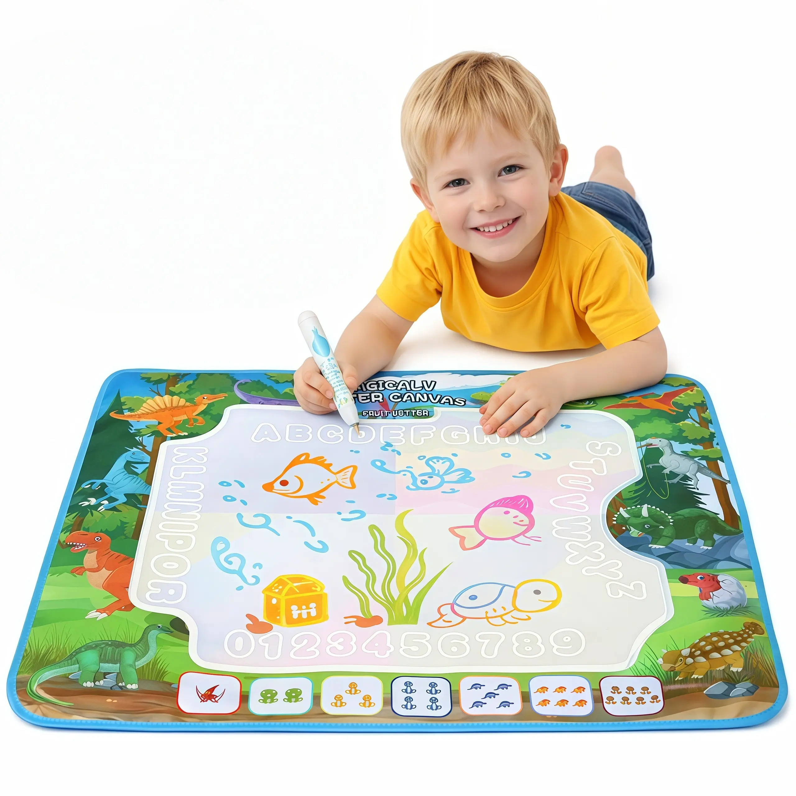 Dinosaur Water Drawing Mat - 31.5" x 23.6" Toddler Large Magic Doodle Canvas, Mess-Free Rainbow Painting Board with Alphabet & Numbers, Summer Vacation Educational Toys Birthday Gifts for Boys Girls Age 1-3 Watercolor Workbook Watercolor Pen,summerwins su