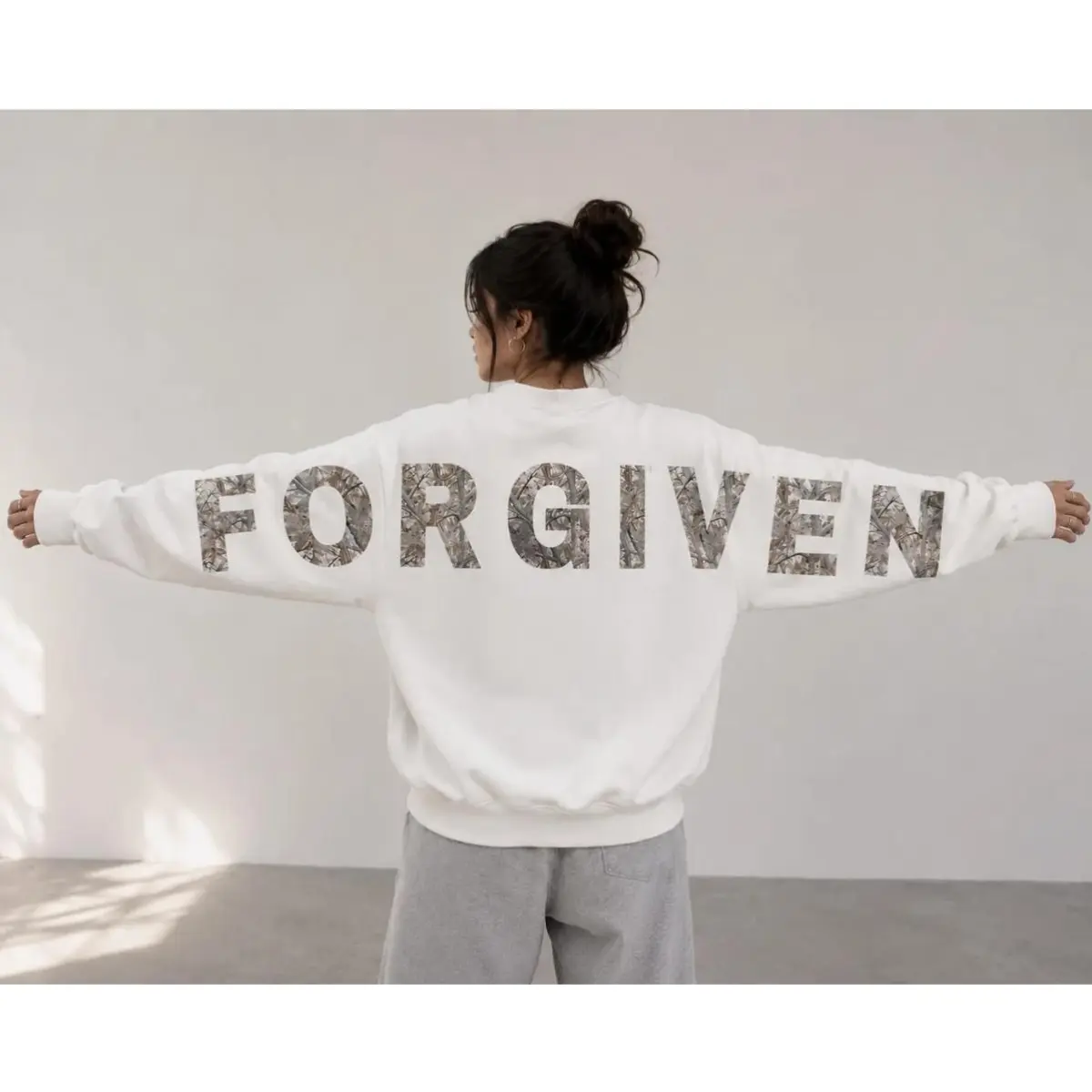 Camo Forgiven Arm to Arm Lettering Hoodie, Hunting Sweatshirt Faith Christmas Gift Religious Present Jesus Apparel Christian Text Zip Hoodie