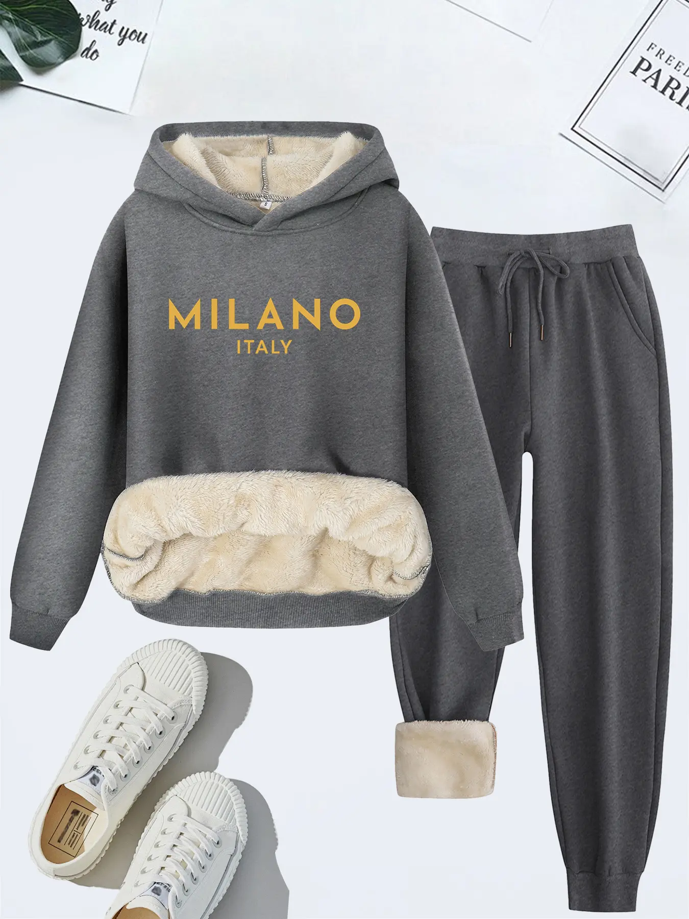 Women's Hooded Sweatshirt Set, Fall Winter Casual Fashion, Thick Knit Long Sleeve Tracksuit, Milano Italy Print, 2 Piece, Pants