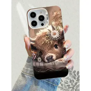Cute Cow With Flower Crown Pattern IMD Phone Case Shockproof Protective Cover Suitable For IPhone17/IPhone17 Air/IPhone17 Pro/IPhone17 Pro Max/16 Pro Max/15 Pro Max/14 Pro Max/13 Pro Max/12 Pro Max